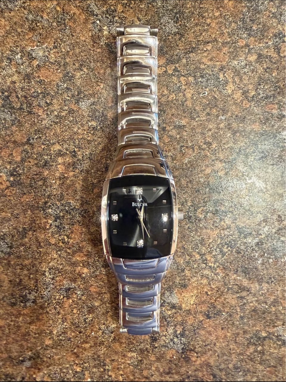Bulova Black Dial Silver-Tone Link Watch